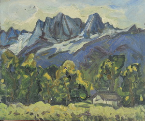 Werkverzeichnis Nr. 457, um 1969, Berge mit Hütte, Öl auf Karton, 40,1 x 46,6 cm,
						Rückseite von Werkverzeichnis Nr. 456 , Berg, um 1969
